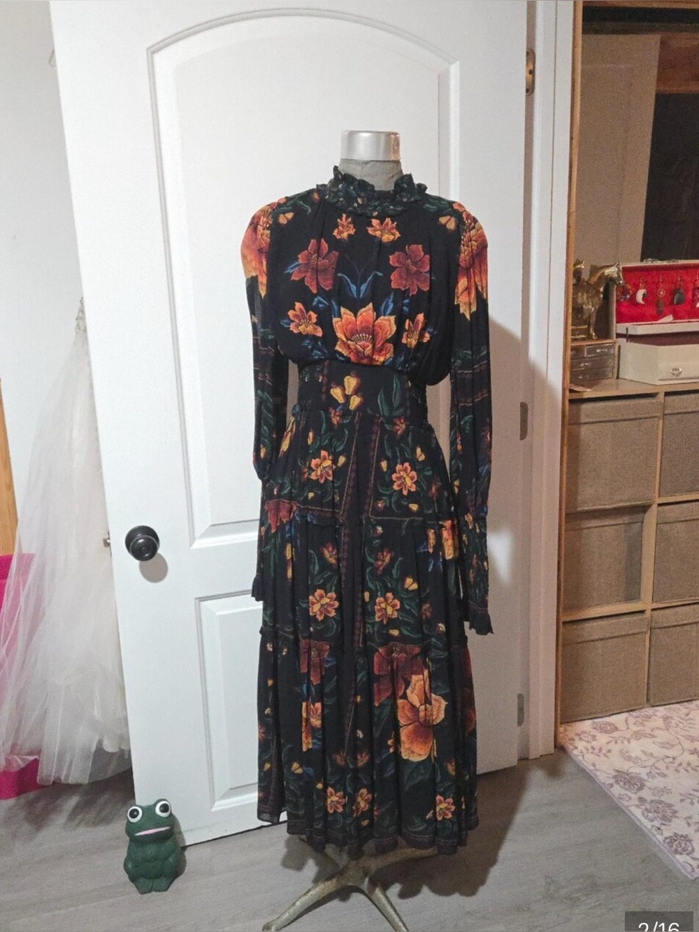 Farm Rio Black McCaws Floral Garden High Neck Dress, SIZE S